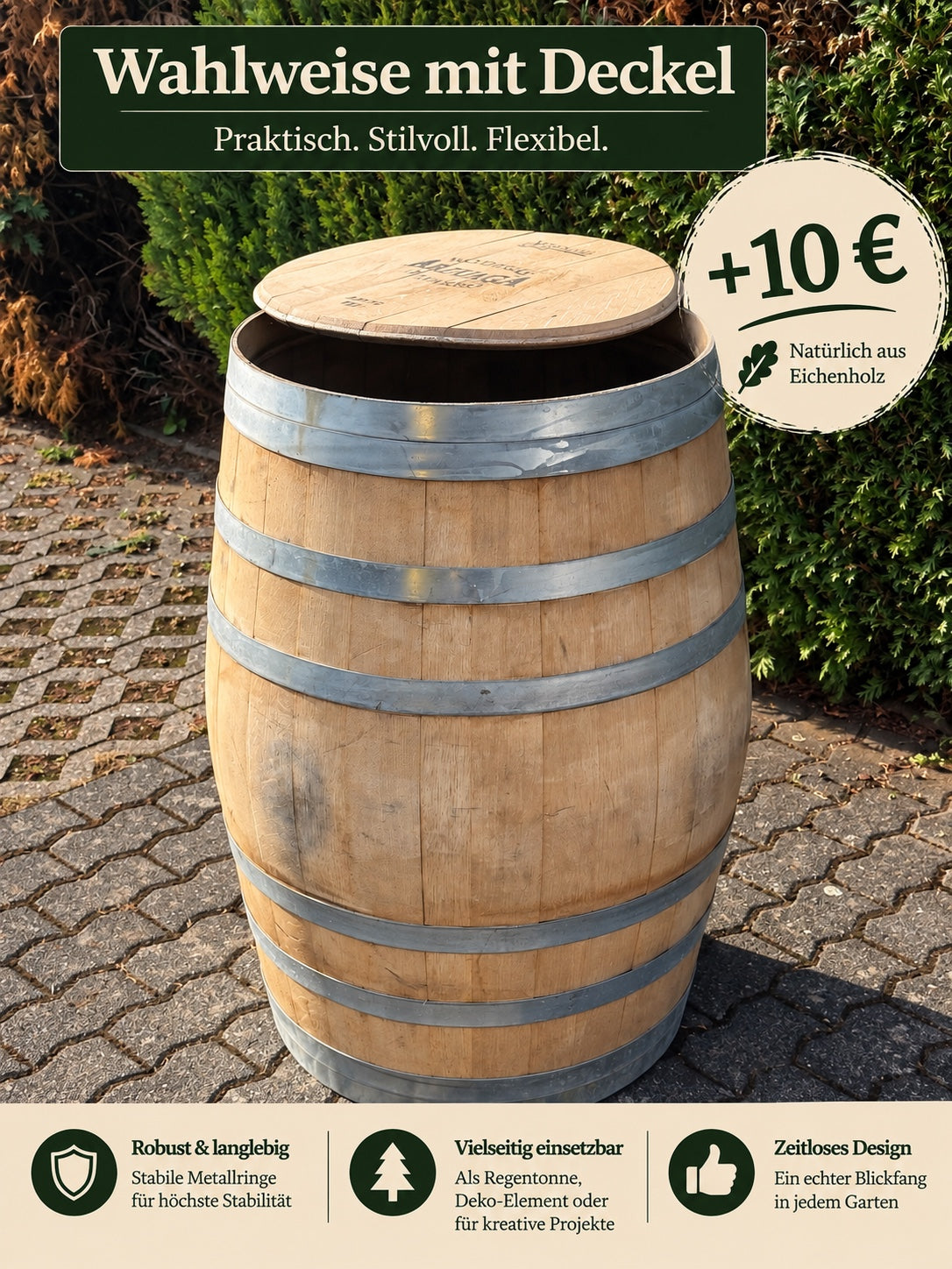 Regentonne aus Eiche mit optionalem Holzdeckel für 10 Euro Aufpreis